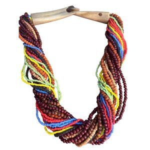 Vintage Multicolor Beaded Necklace Unique Hook Closure Tribal Chunky Statement